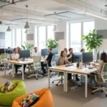 En modern kontorsmiljö hos ett IT-bolag där flera leende medarbetare sitter vid sina skrivbord.