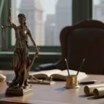 Skrivbord på ett advokatkontor med en bronsstaty av rättvisans gudinna, Justitia, som mittpunkt.